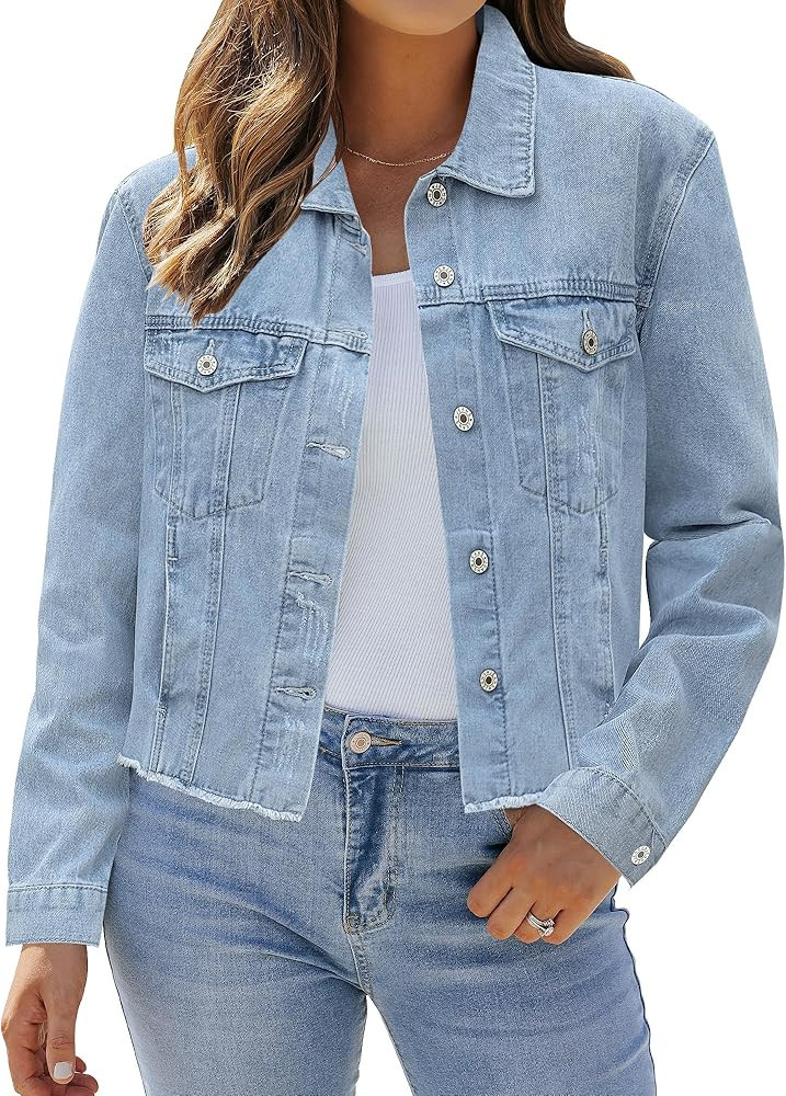 LookbookStore Jean Jackets for Women Trendy Button Down Denim Trucker Jackets Long Sleeves Frayed... | Amazon (US)