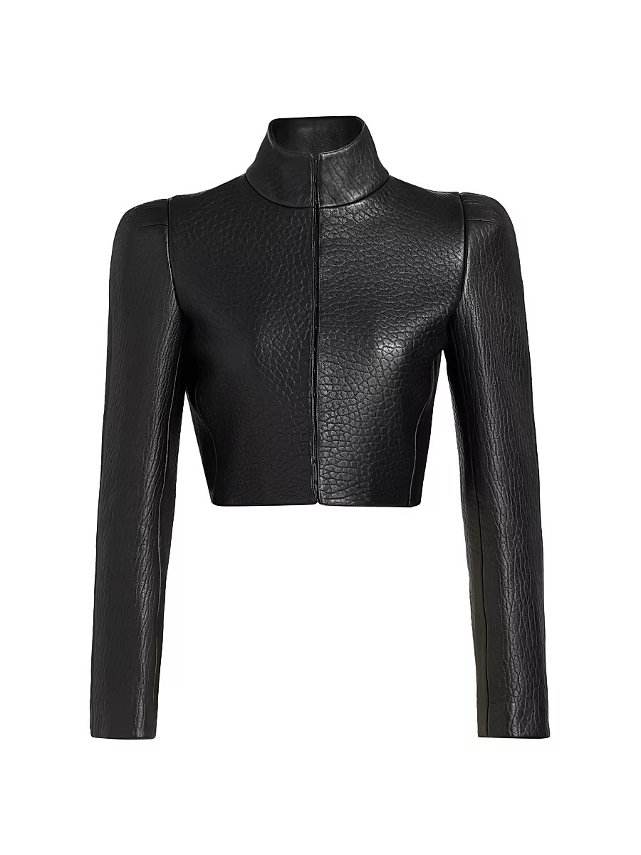 Women's Highneck Pebbled Leather Jacket - Noir Alaia - Size 6 | Saks Fifth Avenue
