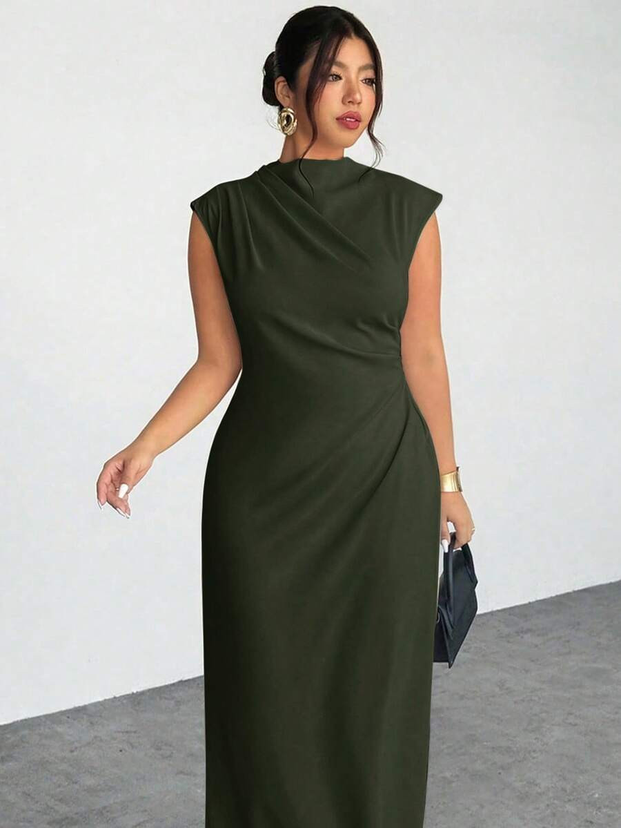 Firerie Plus Size Women's Elegant Ruched Cap Sleeve Open Back Dress, Suitable For Dates And Forma... | SHEIN