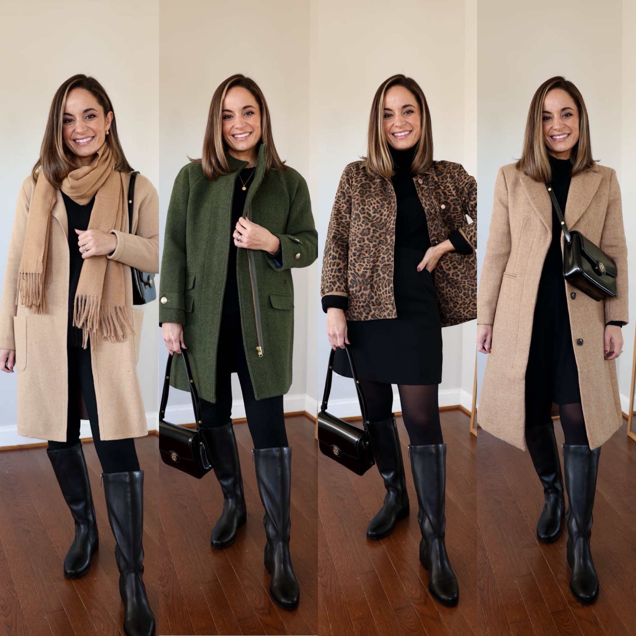 Flat knee-high boots four ways 

Boots: tts, but they fit snug so if you’re in between sizes I recommend a size up. The boots also come in 8 different calf circumference options 

Leggings (gap): petite xs 
Long sweater (j.crew): xxs 
Black sweater (gap): petite xs 
Scarf: gap 
(The first two outfits have the same base, leggings + black sweater) 
Green coat (j.crew): petite 00 
Black skirt (other stories): 0 
Black turtleneck (aritzia): xs 
Leopard jacket (gap): petite xs 
Black dress (gap): petite xs 
Tan coat (j.crew): petite 00 

My measurements for reference: 4’10” 105lbs bust, waist, hips 32”, 24”, 35” size 5 shoe. 25” inseam measurement to my ankle bone. 

#LTKSeasonal