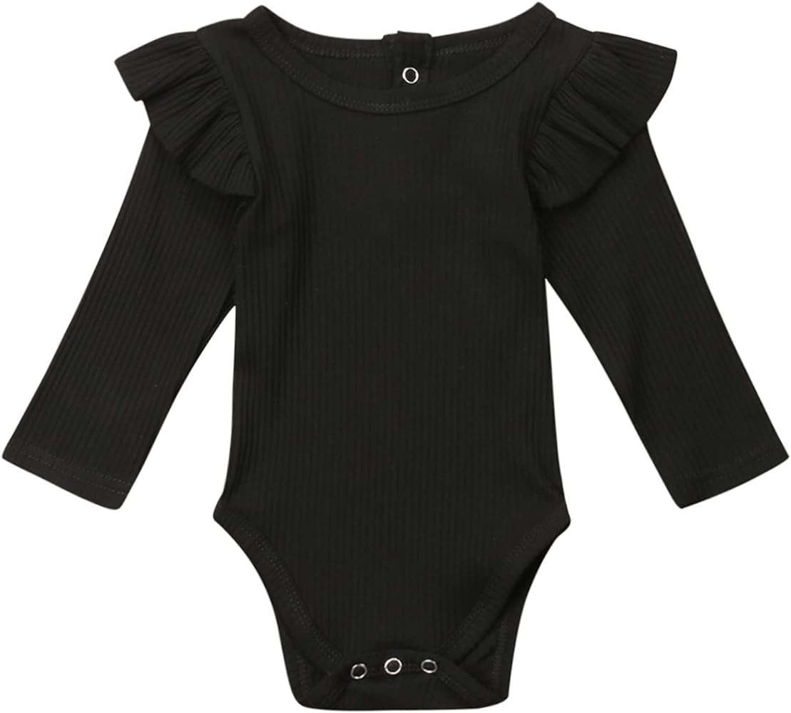 Mubineo Infant Baby Girl Basic Plain Rib Knit Ruffle Long Sleeve Romper Bodysuit Tops | Amazon (US)