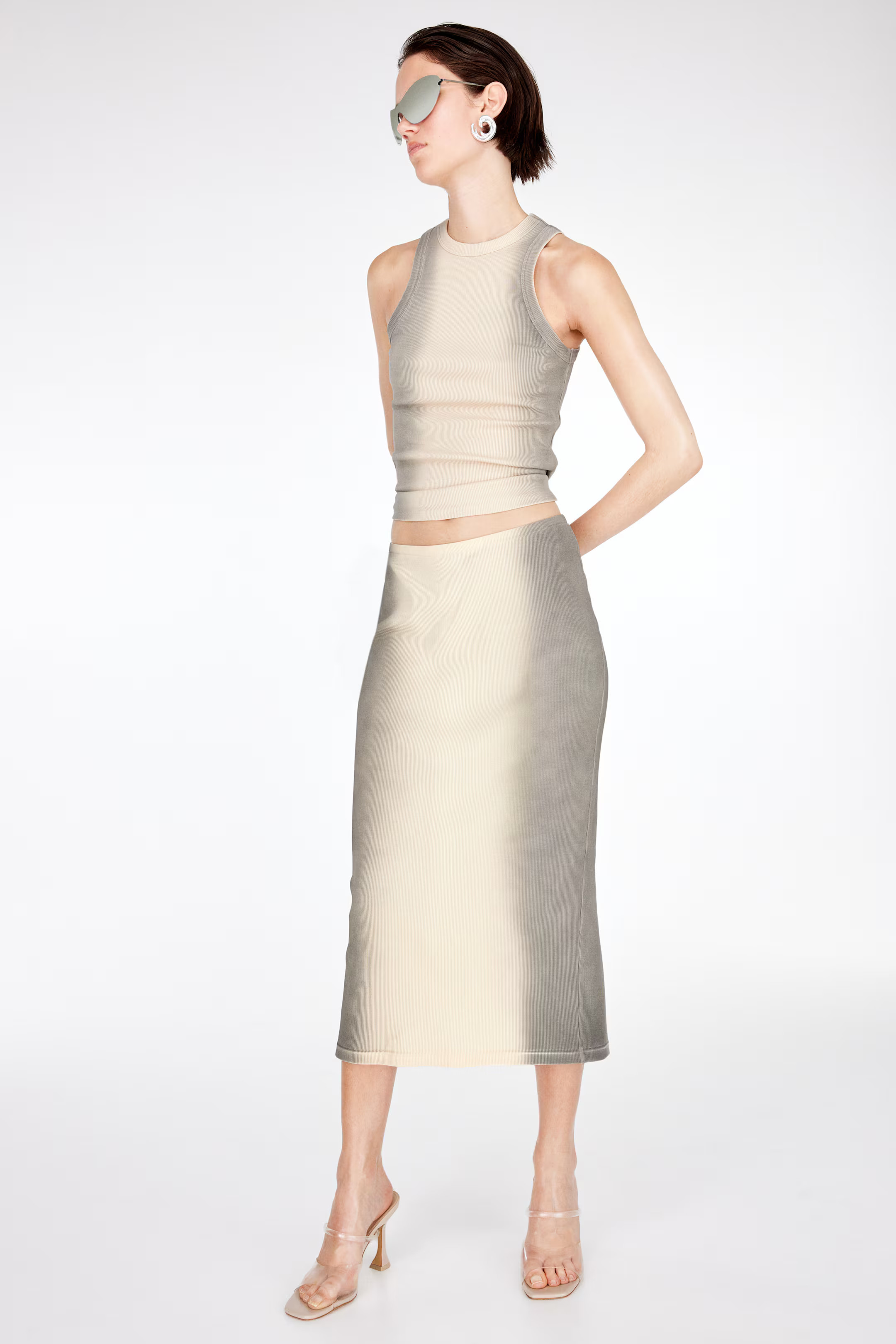 Ribbed Pencil Skirt - Regular waist - Midi - Gray/washed - Ladies | H&M US | H&M (US + CA)