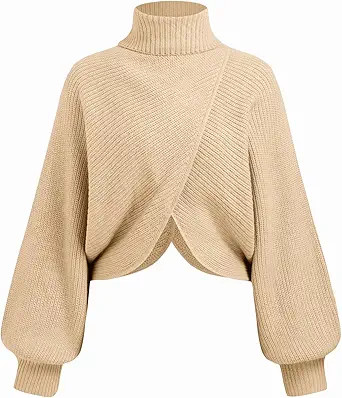 CIDER Cropped Sweaters for Women Turtleneck Sweater Long Sleeve Ribbed Knit Lantern Sleeve Pullov... | Amazon (US)