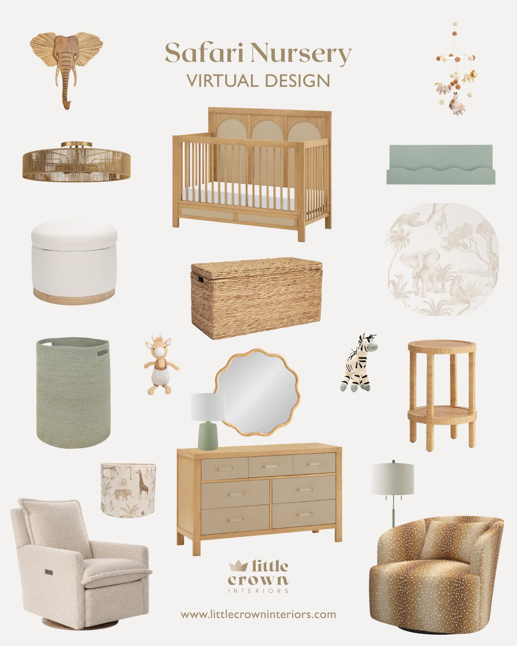 This gender neutral safari nursery was for a client who wanted a soft space with animal details, neutral colors and pops of sage green. These are the products we used in this nursery, like the adorable animal wall mural, warm wood crib, safari wall decor, and rattan chandelier. ✨🩶 Want a virtual nursery design of your own? Check out www.littlecrowninteriors.com for interior design services. 🩶 ✨ Design by Little Crown Interiors. For lots more safari nursery ideas, check out my blog and website! #nurserydecor #nurseryfurniture #nursery #babynursery #neutralnursery #safarinursery #nurserywallpaper #wallpaper #safariwallpaper #virtualdesign #edesign #littlecrowninteriors #LTKstyletip LTKbaby

#LTKmomlife #LTKHome #LTKSaleAlert #LTKBump
