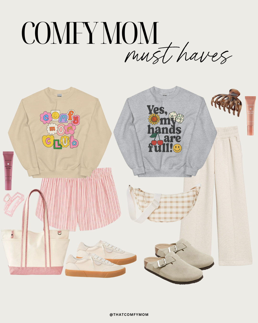comfy mom must haves, fall style, casual outfits, affordable outfits, matching sets, lounge sets, mom fashion, mom style, etsy sweatshirts, over sized sweatshirts, boxer shorts, canvas tote bag, sling bag, clogs, sneakers, mom sweatshirt style 

 #LTKFindsUnder50 #LTKStyleTip #LTKTravel