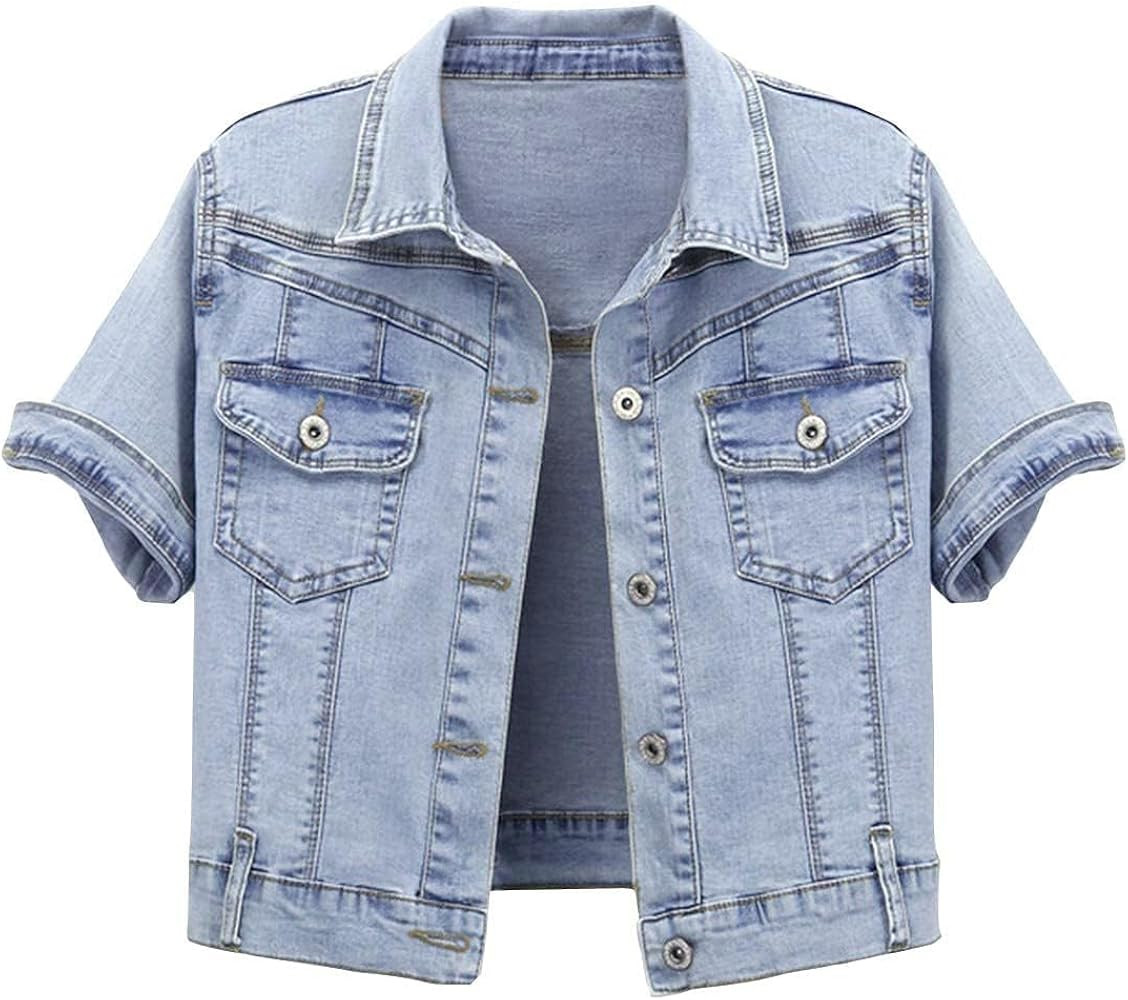 Omoone Women's Summer Short Sleeve Crop Denim Trucker Jacket Jean Coat Tops | Amazon (US)