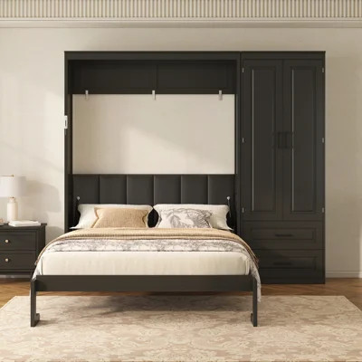Queen Size Murphy Bed with Storage Wardrobe & Drawers, Upholstered Headboard, Space Saving Bed, Black | Wayfair North America