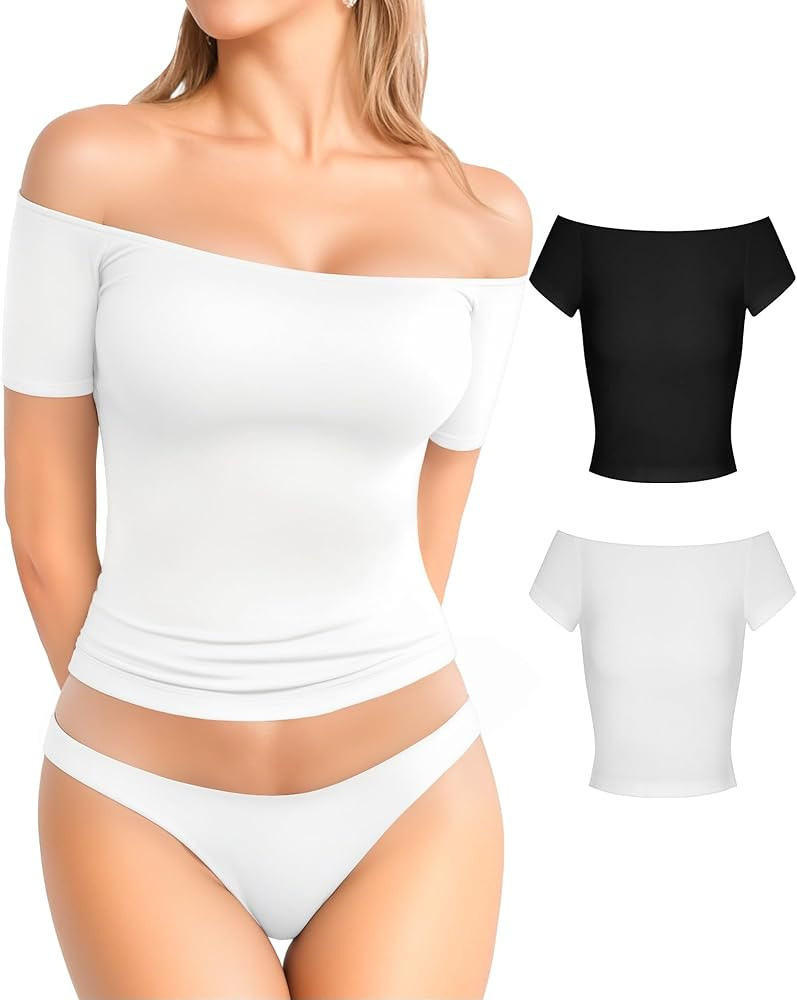 MANGOPOP Off The Shoulder Tops for Women Sexy Short Sleeve T Shirt Tops Slim Fitted | Amazon (US)