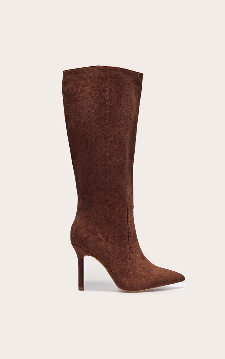 Chocolate Faux Suede Wide Fit Point Toe Basket Weave Knee High Boots | PrettyLittleThing UK