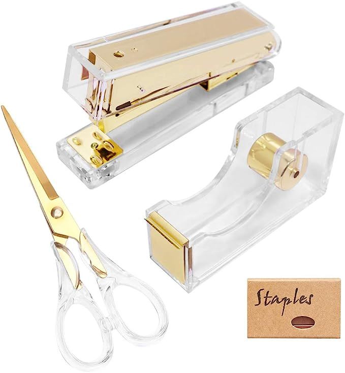 1-Inch Core Clear Acrylic Gold Tape Dispenser Stapler Scissors Set with Tape 24/6 Rose Gold Stapl... | Amazon (US)