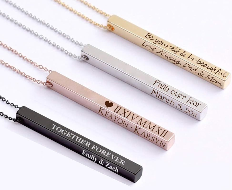 ProJewelry Personalized Vertical Bar Necklace, 4 Sides Dainty Custom Engraved Name Necklace 925 S... | Amazon (US)