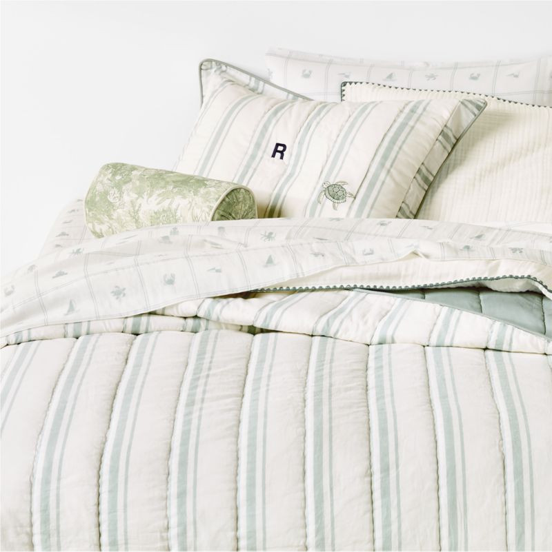 Edward Blue Sea Turtle Ticking Stripe Kids Full/Queen Quilt by Jake Arnold | Crate & Kids | Crate & Barrel