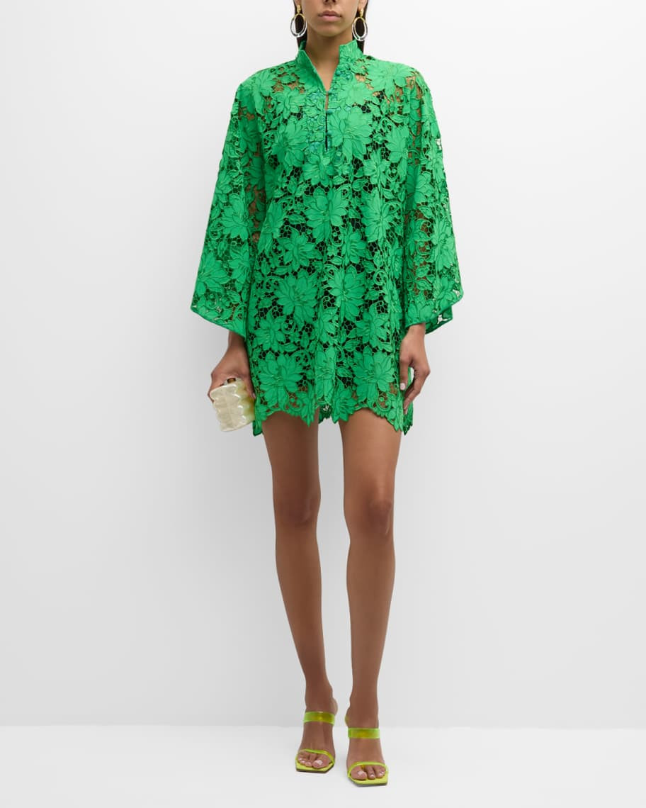 High-Collar Embroidered Floral Lace Mini Caftan | Neiman Marcus