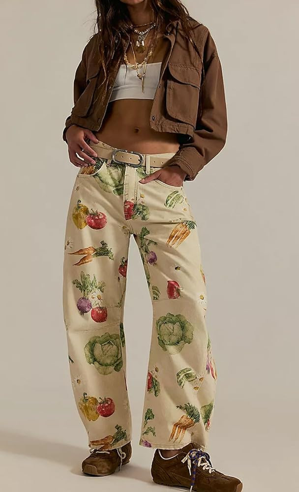 loveimgs Women Boyfriend Baggy Barrel Jeans Floral Print Denim Ankle Pants Wide Leg Mid Rise Jean... | Amazon (US)