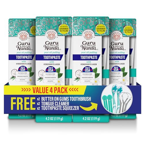 GuruNanda Hydroxyapatite Toothpaste, SLS & Fluoride Free (4 Pack), Whitening Toothpaste - Freshens Breath, Fights Plaque - with 2 Toothbrushes, 2 Tongue Scrapers & 2 Tube Squeezers | Amazon (US)