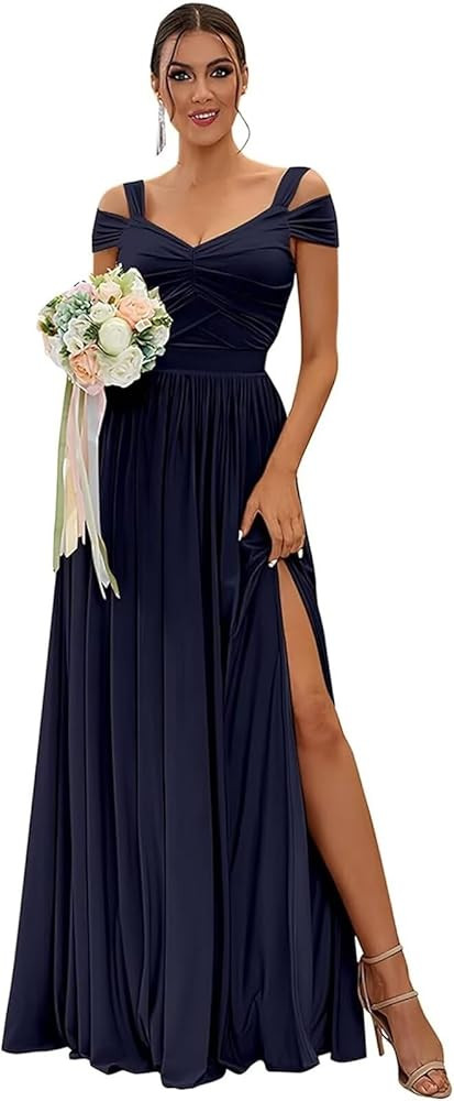 Cold Shoulder Bridesmaid Dresses for Wedding Chiffon Pleated A Line Formal Evening Gown with Slit... | Amazon (US)