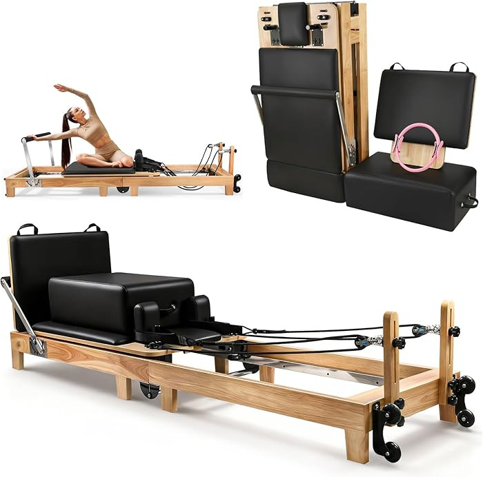 94.5"Pilates Reformer, Wooden Foldable Reformer Pilates Machine with Springs, Quick-Assembly Stud... | Amazon (US)