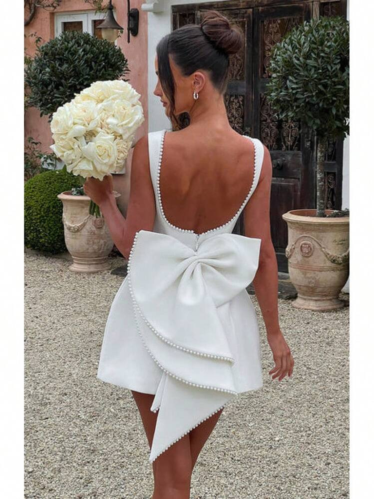 New Summer Women's Pearl Bow Back Fashionable Slim Fit Short Dress Hot Girl A-Line Dress | SHEIN