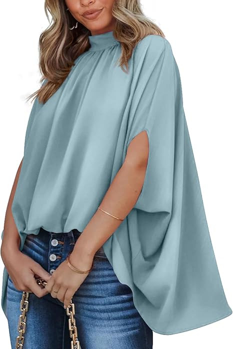 BTFBM Women Mock Neck Summer Tops 2025 Spring Batwing Short Sleeve Loose High Low Hem Casual Over... | Amazon (US)