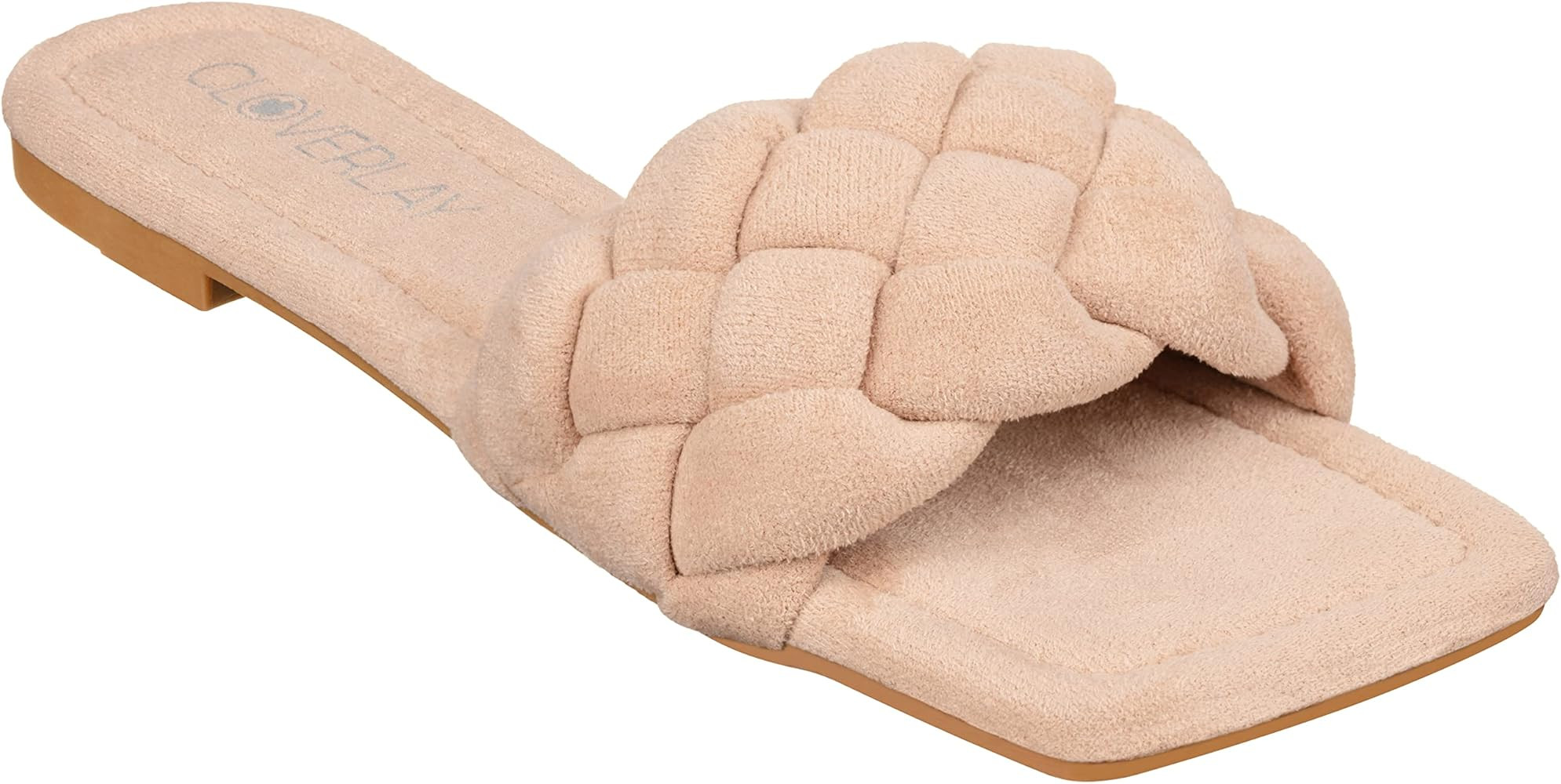 CLOVERLAY Yara Women's Square Open Toe Slides Braided Woven Single Band Slip on Flat Sandals | Amazon (US)