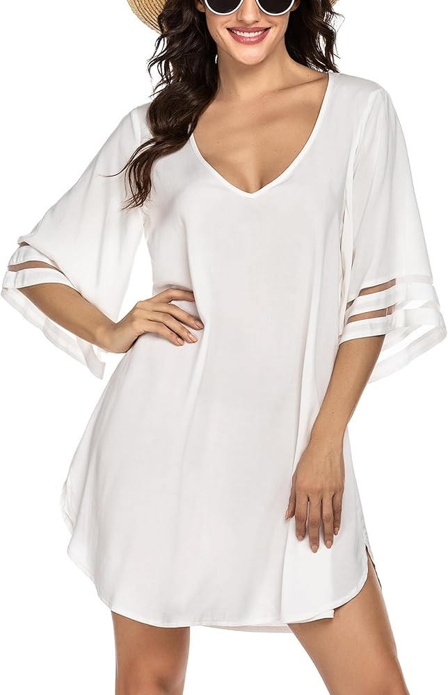 Ekouaer Women's Swimsuit Cover Up 3/4 Bell Sleeve Beachwear Coverups Deep V-Neck Bikini Beach Dre... | Amazon (US)