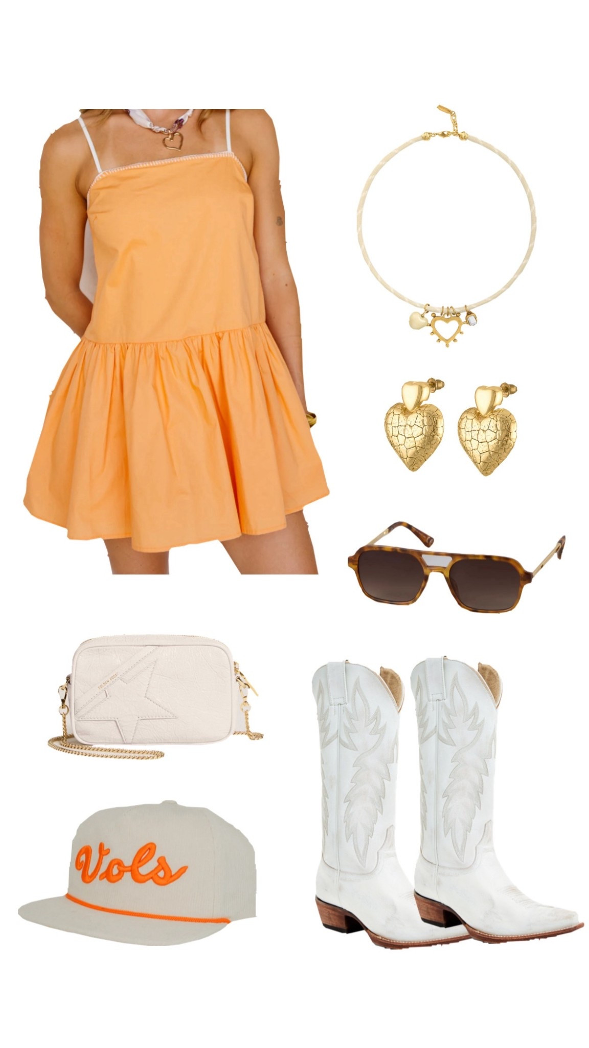 Tennessee Game Day Outfits, Orange and White Game Day Outfits, Game Day Inspo, Orange mini dresses, country concert outfits, cowboy boots, white cowboy boots, girly jewelry, fabric necklaces, cute accessories, Tennessee inspo, cute outfits,