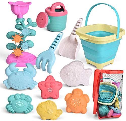 FUN LITTLE TOYS Kids Beach Sand Toy Set, Foldable Beach Bucket, Water Wheel, Watering Can, Shovel... | Amazon (US)
