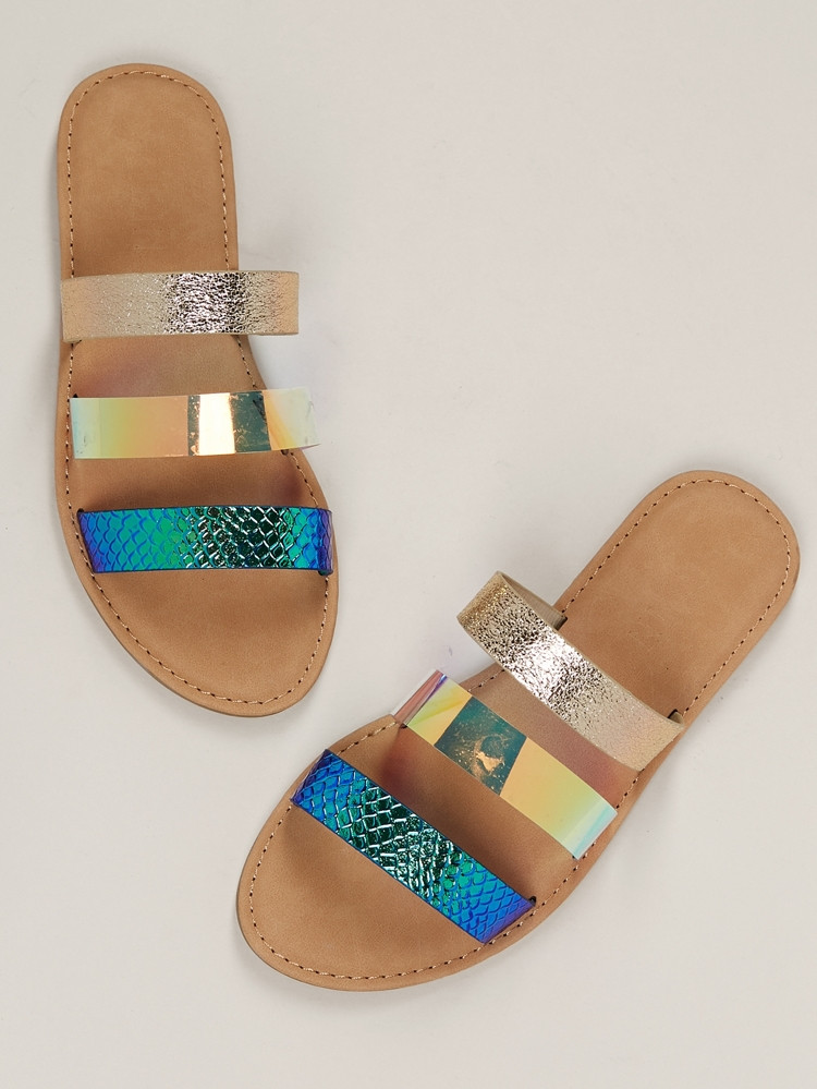 Metallic Snakeskin Triple Band Flat Slide Sandals | SHEIN