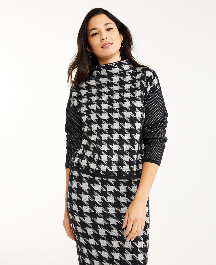 Striped Sleeve Houndstooth Jacquard Sweater | Ann Taylor (US)
