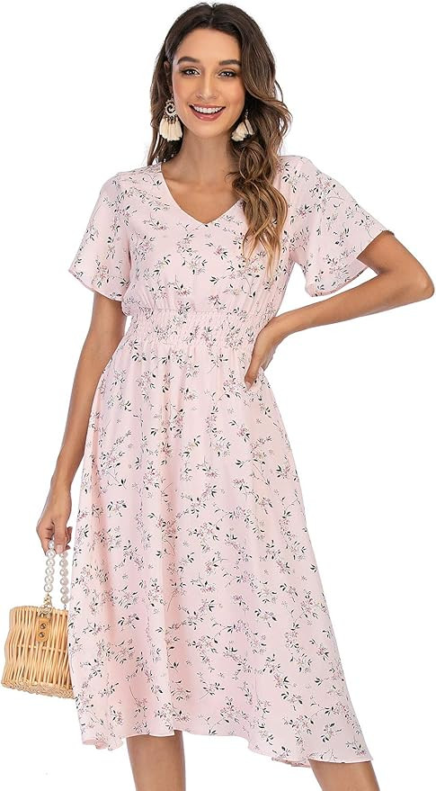 Chiffon Floral Summer Sun Beach Dresses for Women 2023 with V Neck Elastic Waist | Amazon (US)