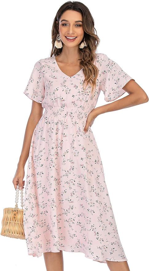 Chiffon Floral Summer Sun Beach Dresses for Women 2023 with V Neck Elastic Waist | Amazon (US)