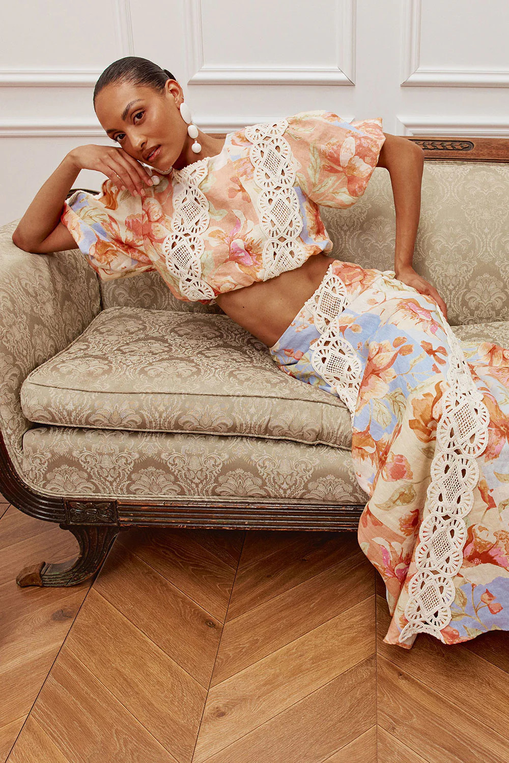 Peach Verano Print Puff Sleeve Crop Mirabella Top | Sabo Skirt US