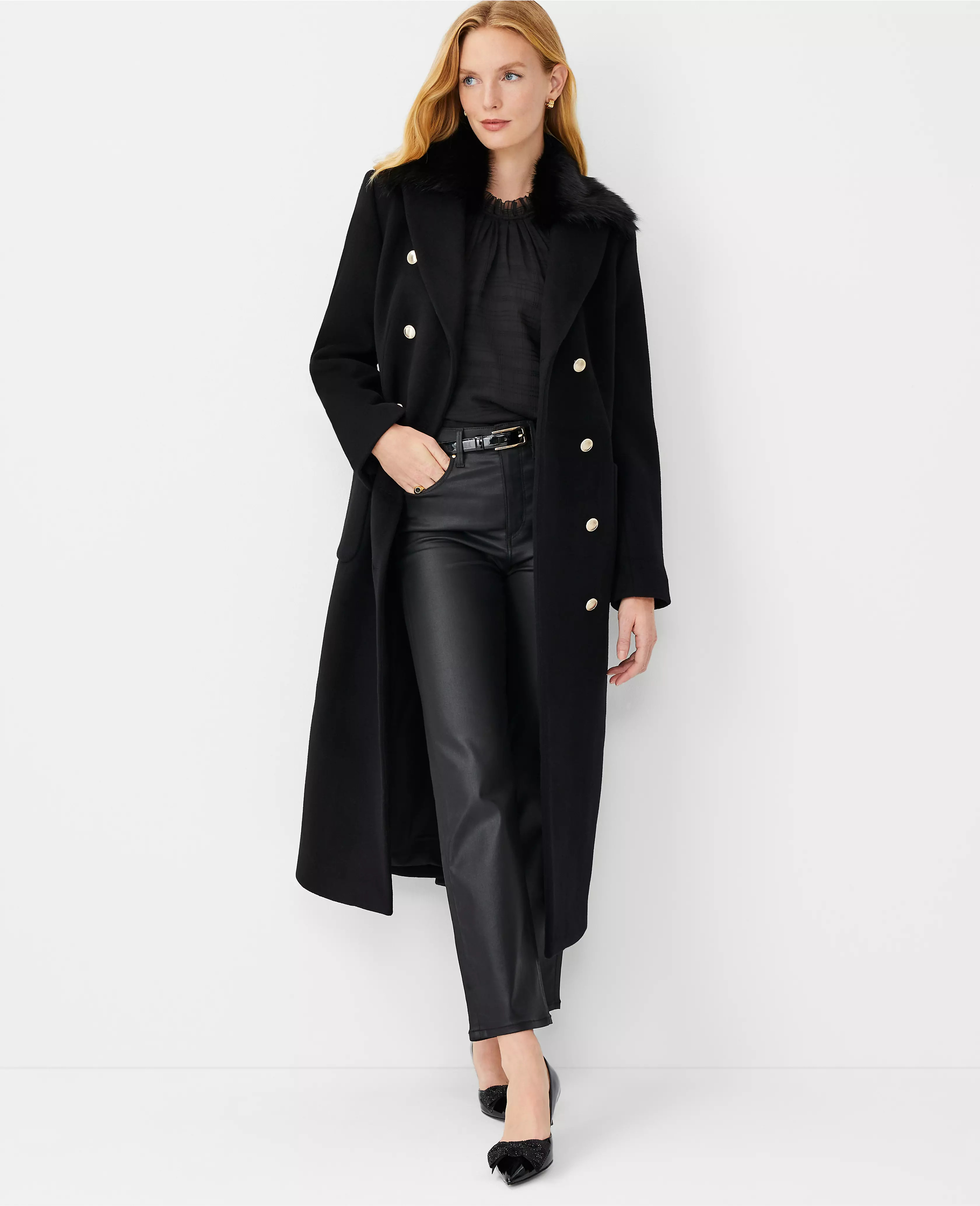 Faux Fur Collar Wool Blend Tailored Chesterfield Coat | Ann Taylor (US)