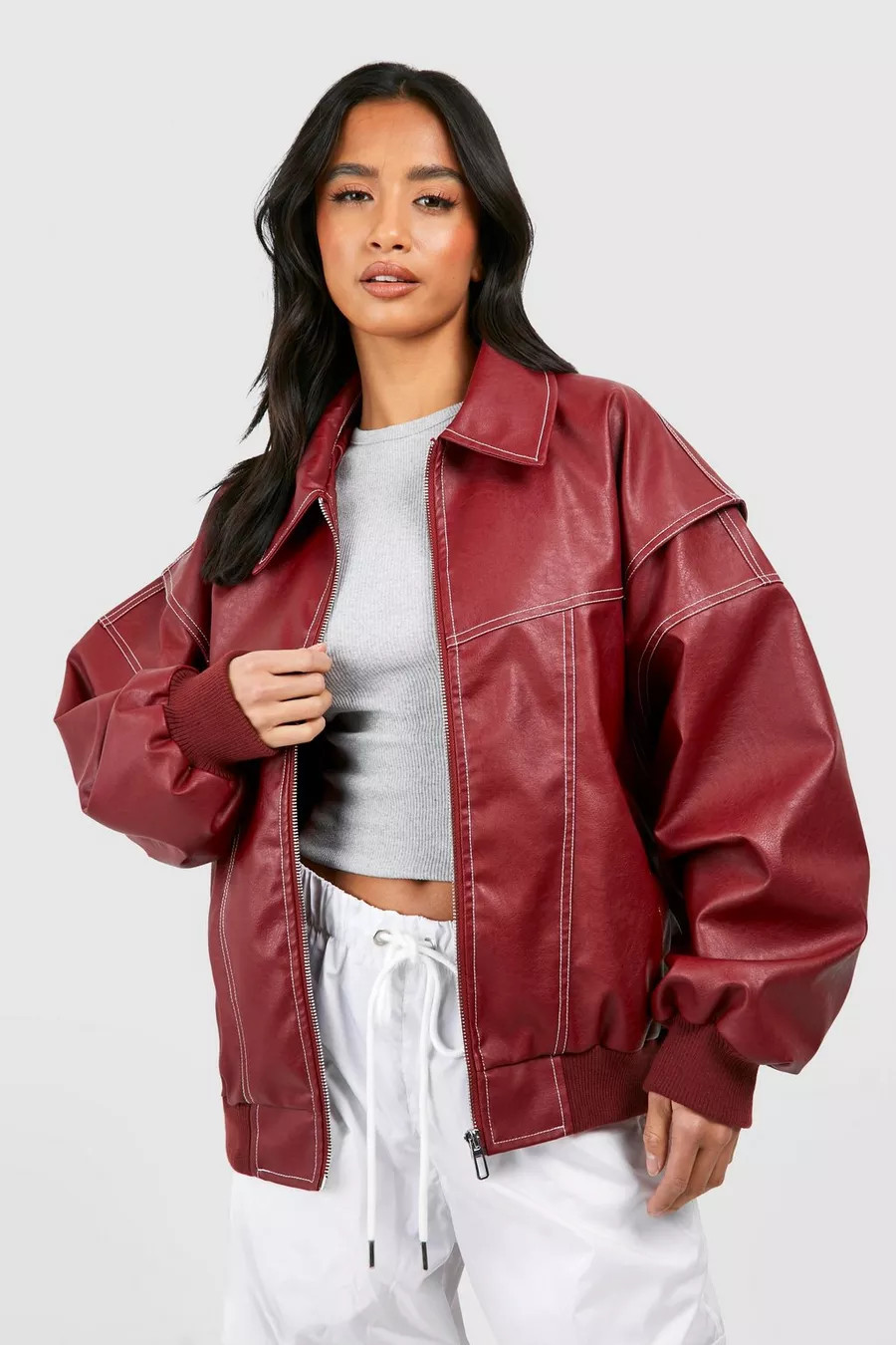 Petite Pu Contrast Stitch Oversized Bomber Jacket | Boohoo.com (UK & IE)