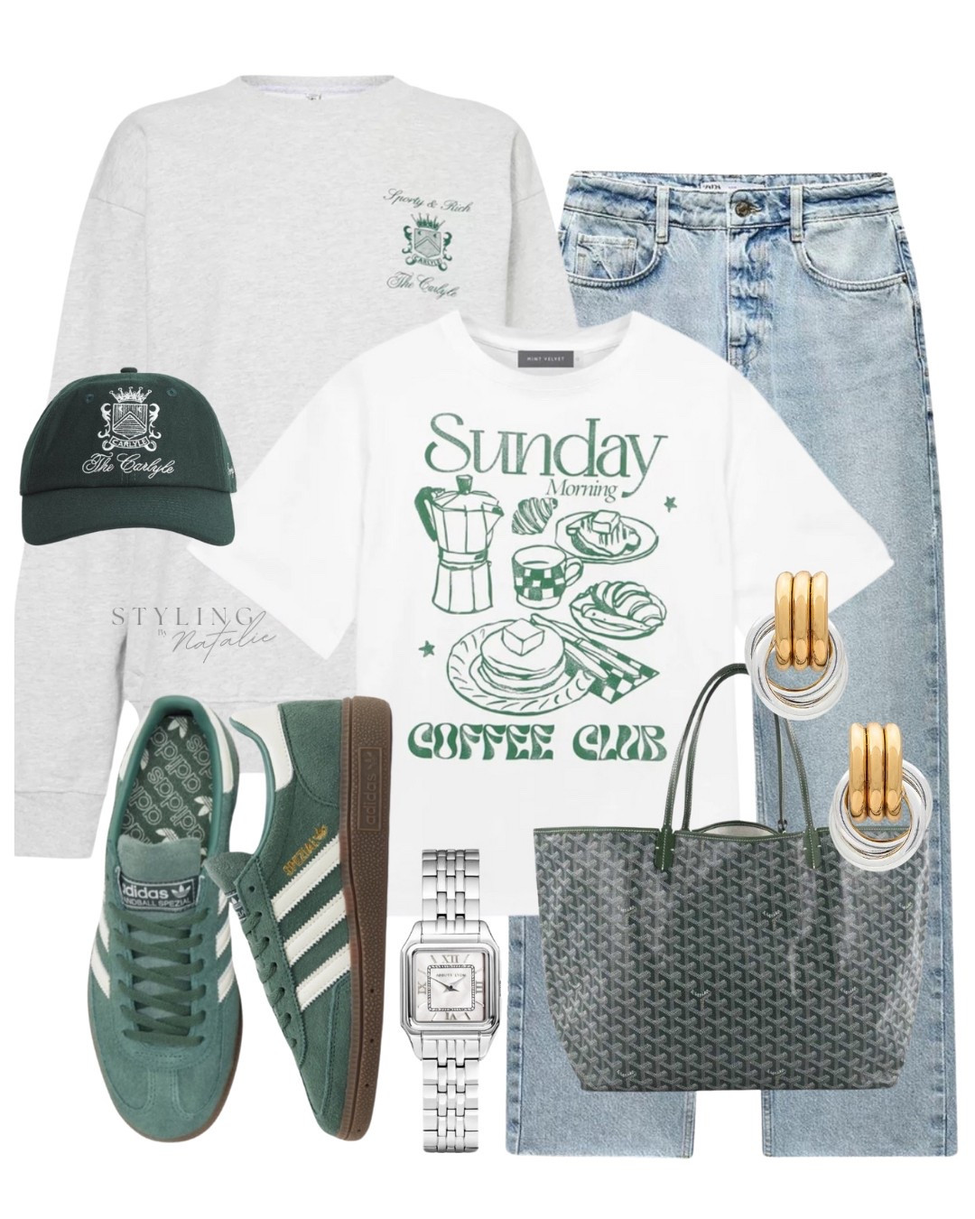 Casual Sunday look with green Adidas Spezials 🧚
Sporty & Rich sweatshirt, graphic T-shirt, jeans, Adidas trainers, Goyard tote bag & baseball cap. Spring outfit, casual outfit, everyday wear. 

#LTKuk #LTKeurope #LTKspring