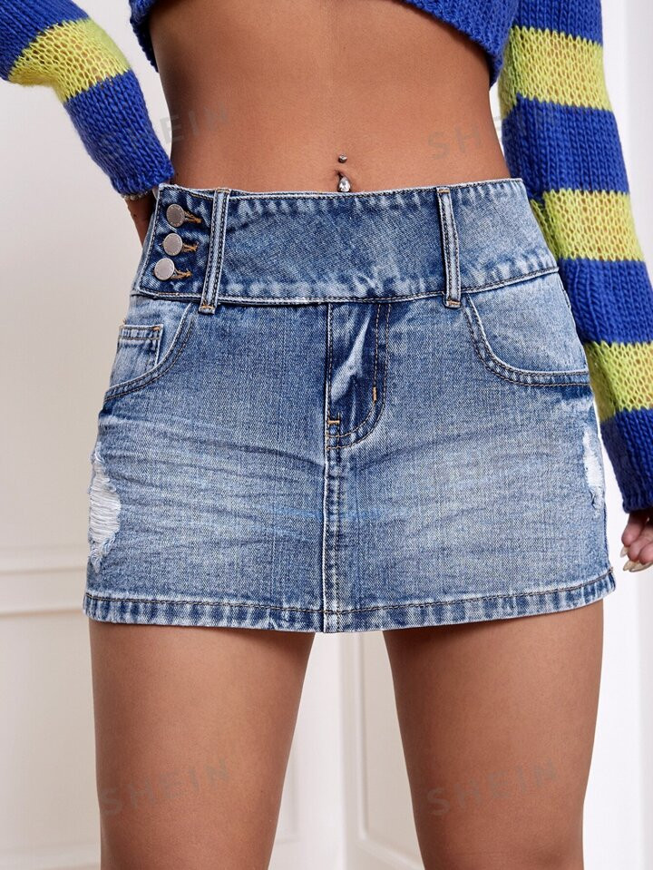 SHEIN ICON Ripped Button Fly Denim Skirt | SHEIN
