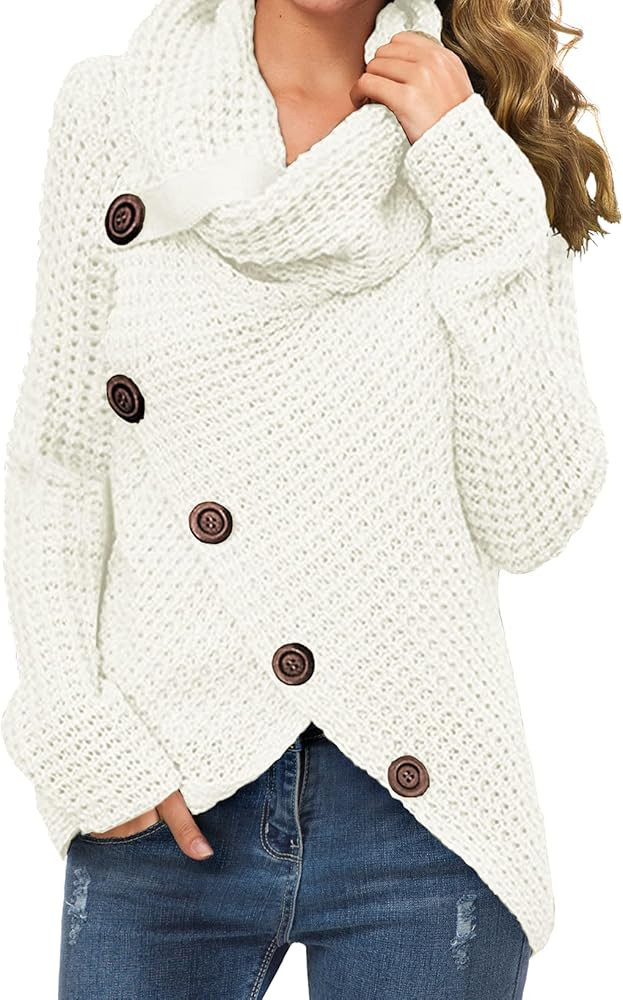 GRECERELLE Women's Solid Color Chunky Button Pullover Sweater Turtle Cowl Neck Asymmetric Hem Kni... | Amazon (US)