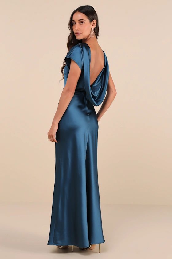 Captivating Presence Dark Teal Satin Cowl Back Maxi Dress | Lulus