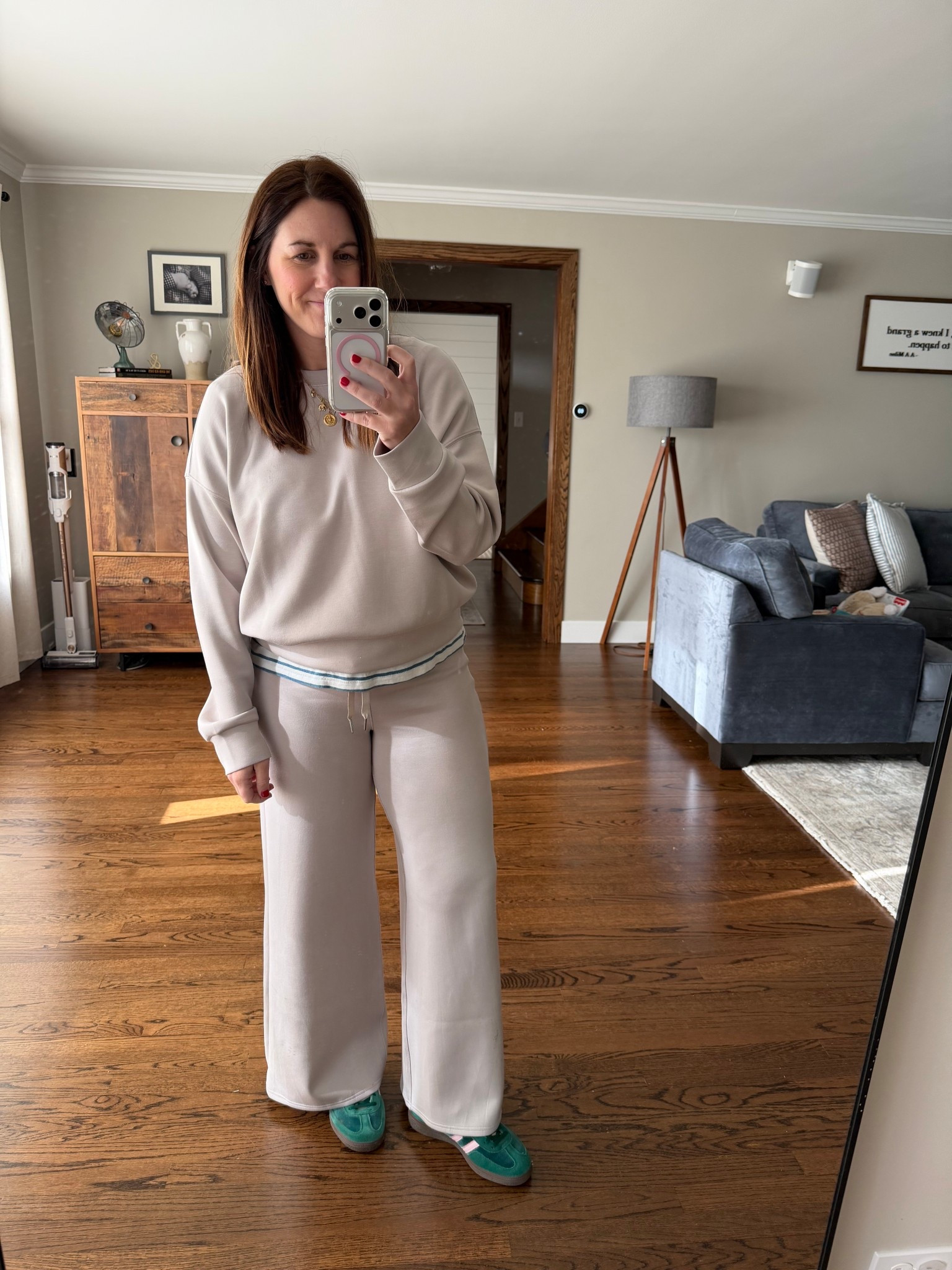 A matching set is always an easy, but pulled together look. Wearing a L in the crewneck and M petite in the pants

#LTKmomlife #LTKootd