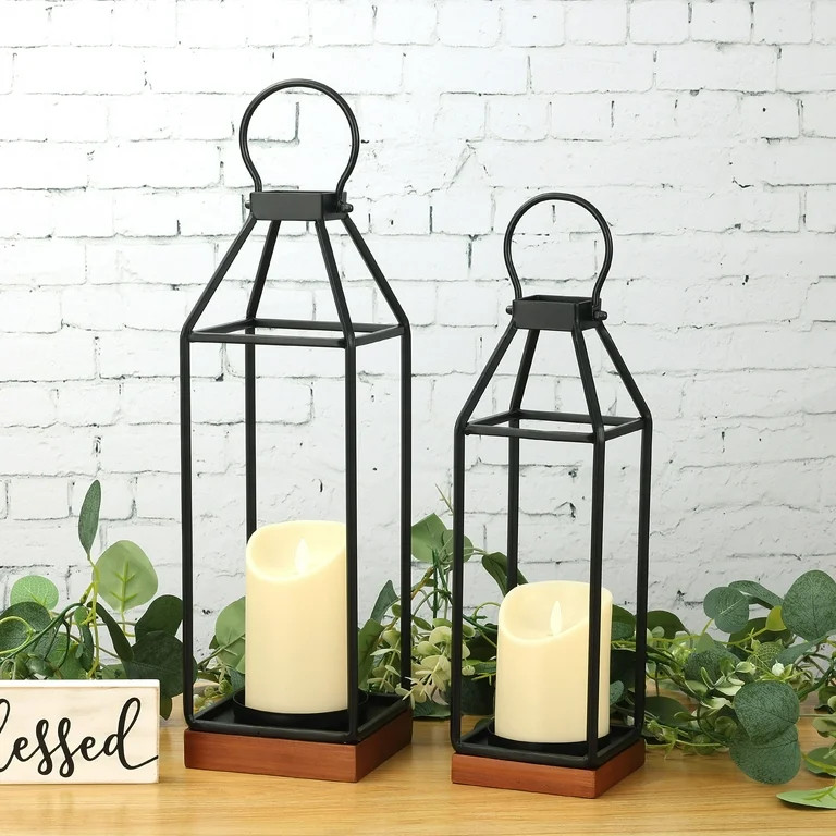 Perfnique Black Metal Lantern w/Wood, Set of 2 Rustic Lantern Decorative w/ Waterproof Flameless ... | Walmart (US)