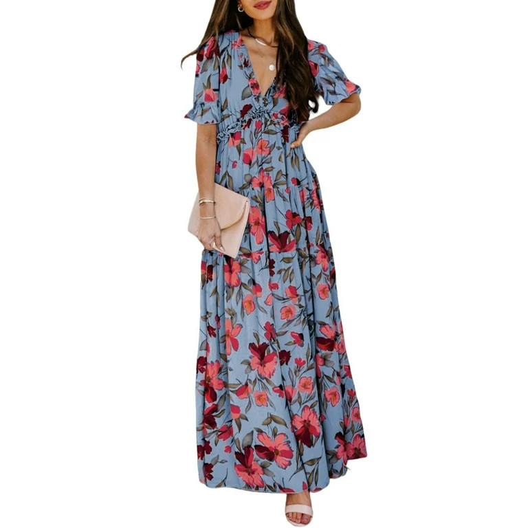Dokotoo Women Chiffon Flowy Maxi Dresses V Neckline Boho Floral Summer Dress Casual Relaxed Fit S... | Walmart (US)