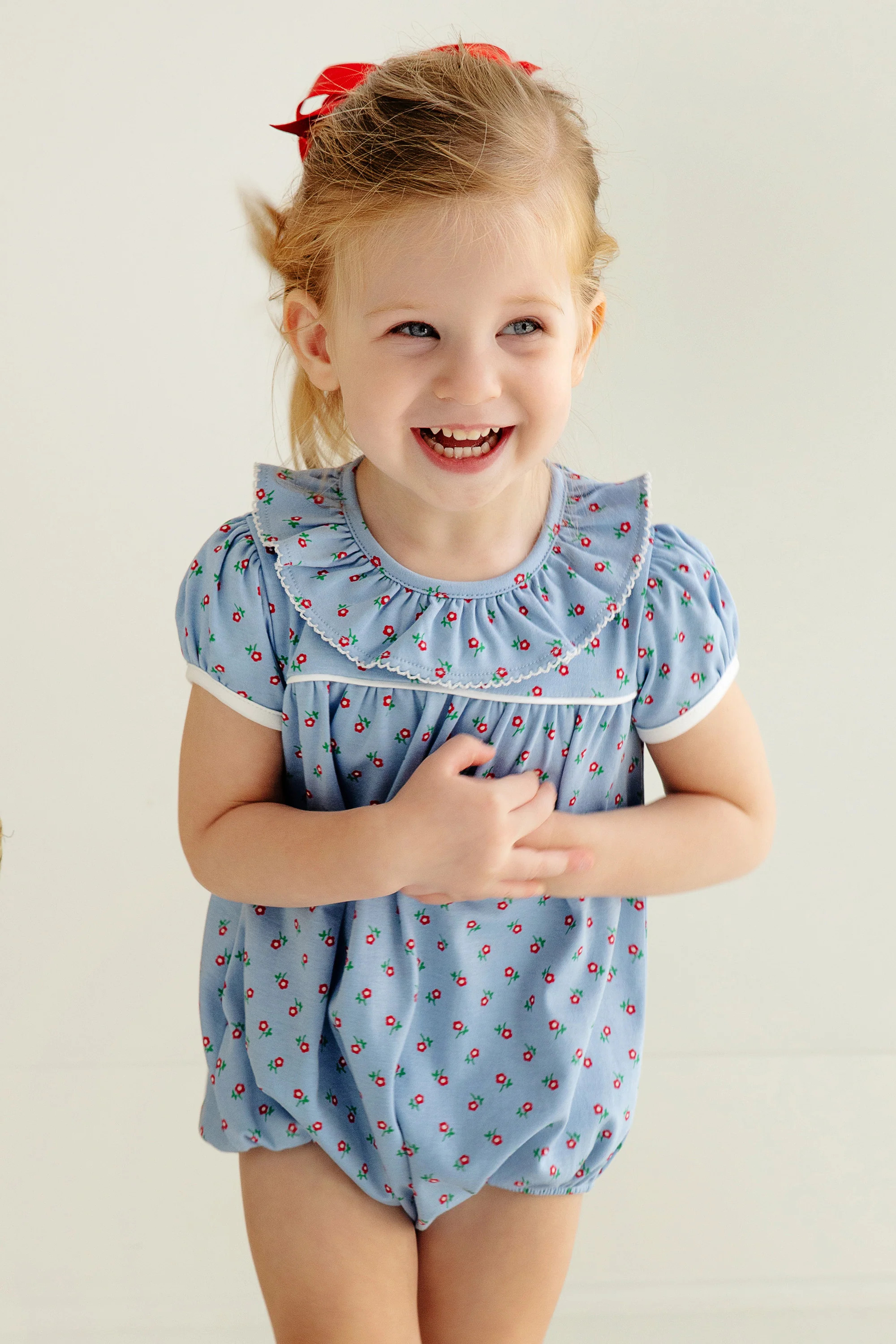 Ramona Ruffle Collar Bubble - Barrington Blue Midway Micro Floral with Palmetto Pearl | The Beaufort Bonnet Company