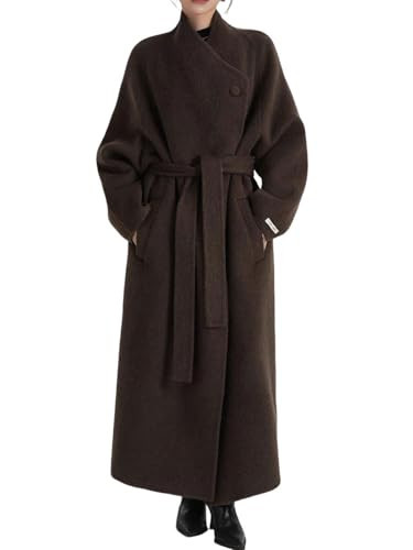 utcoco Women's Oversized Long Wool Coat Asymmetric Wrap Belted Trench Coat Fall Winter Overcoat with Pockets (Small, Coffee) | Amazon (US)
