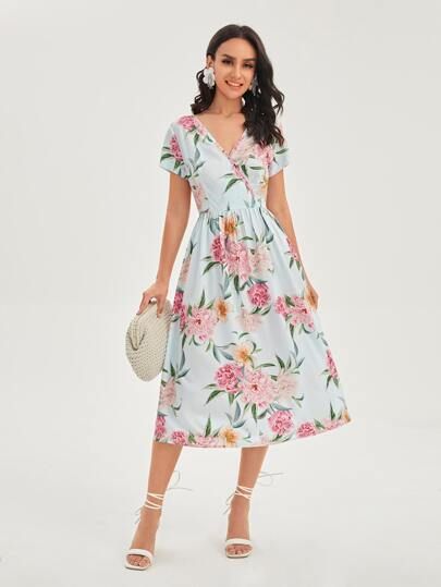 Floral Print Surplice Neck A-line Dress | SHEIN