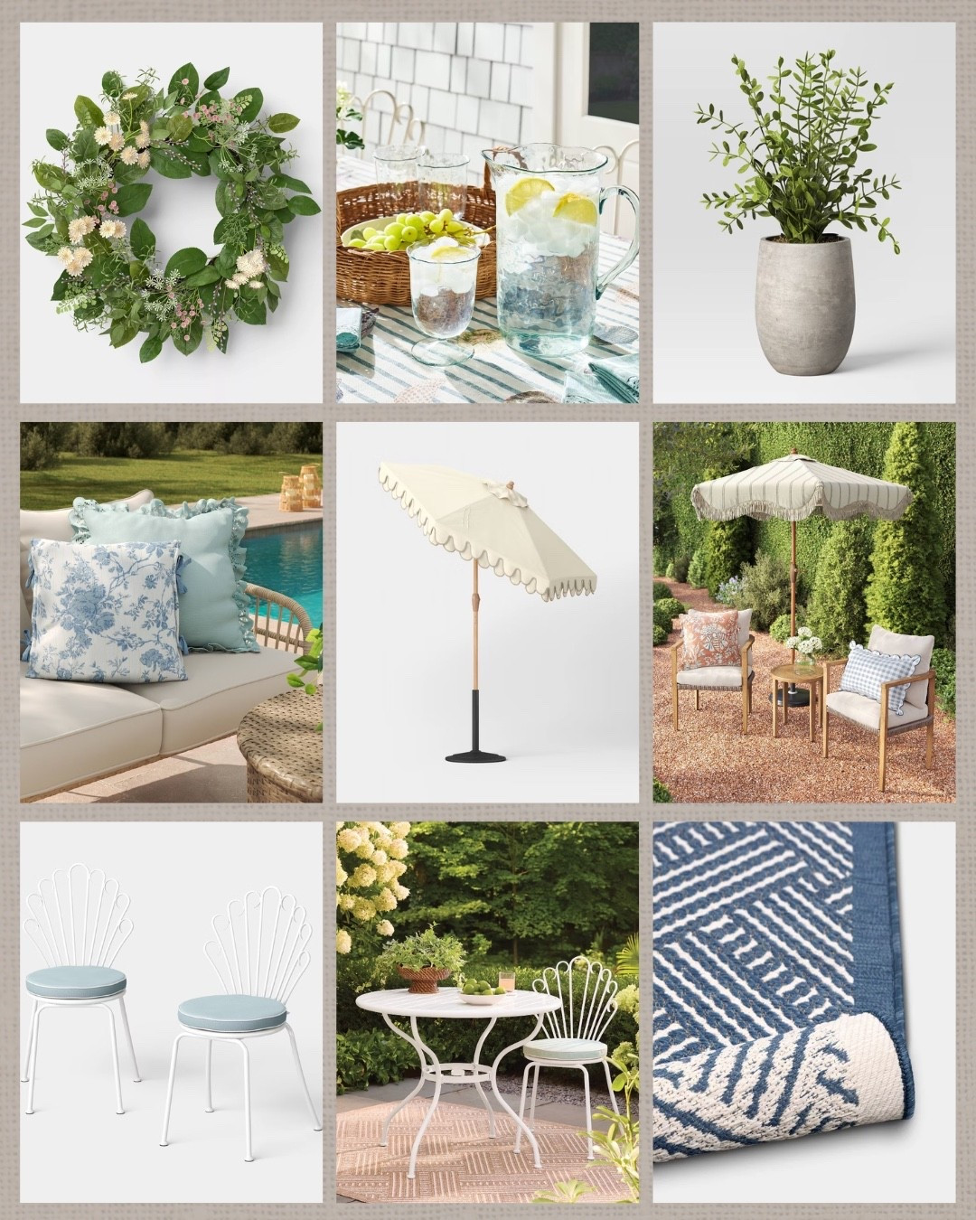 Target studio McGee outdoor collection, patio, porch, decor, spring, summer, bistro, table and chairs, summer set, umbrella, outdoor rug, outdoor pillows, patio furniture, table top decor, wreath, glassware, pitcher, plant, 