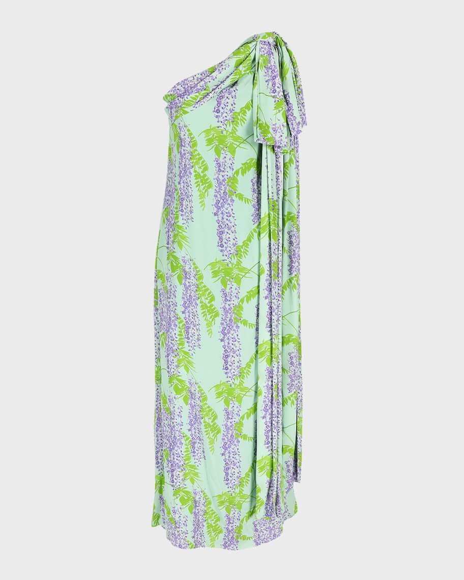 Gala One-Shoulder Wisteria Printed Maxi Dress with Bow Detail | Neiman Marcus