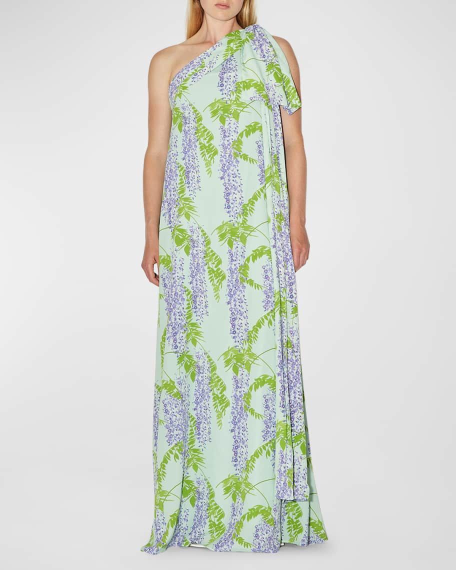 Gala One-Shoulder Wisteria Printed Maxi Dress with Bow Detail | Neiman Marcus