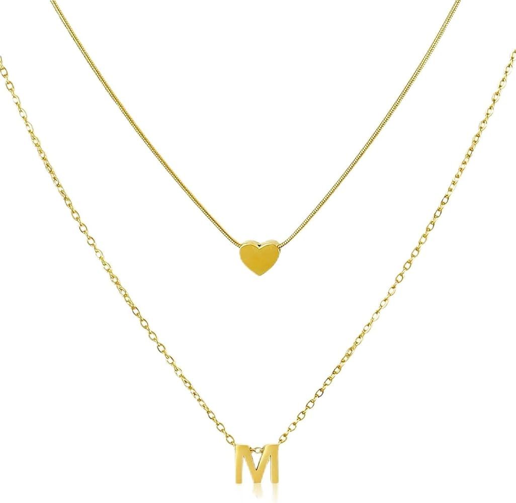 Noerar Gold Initial Necklace for Women Heart Necklace For Women Layered Necklace set 14K Gold Pla... | Amazon (US)