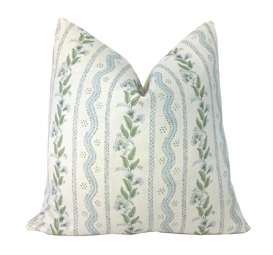 Emma Stripe Linen Pillow Cover |  Designer | High End | Soft Sky Blue and Green on Off White Belg... | Etsy (US)