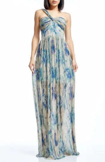 Dress the Population Idalia Metalllic Abstract Floral Print One-Shoulder Gown in Pale Blue Multi at Nordstrom Rack, Size Large | Nordstrom Rack